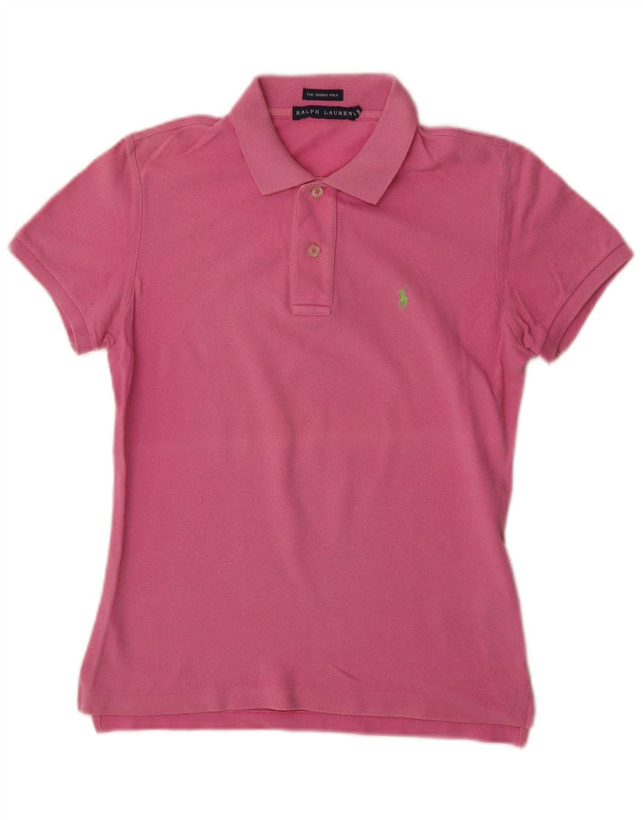 RALPH LAUREN Dame Skinny Polo Shirt UK 12 Medium Pink Bomuld