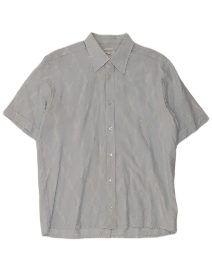 Versace Kortærmet Herreskjorte Størrelse 40 15 3/4 Medium Blå Geometrisk