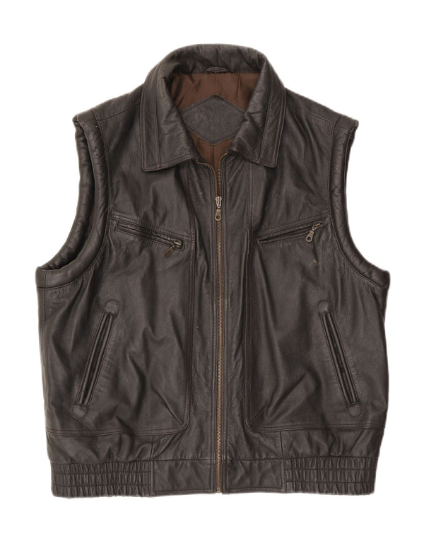 Vintage Mens Leather Gilet IT 54 2XL Brown Leather