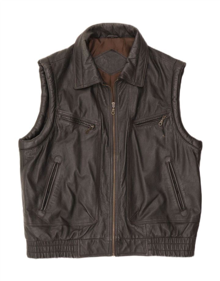 Vintage Herre Læder Gilet IT 54 2XL Brun Læder