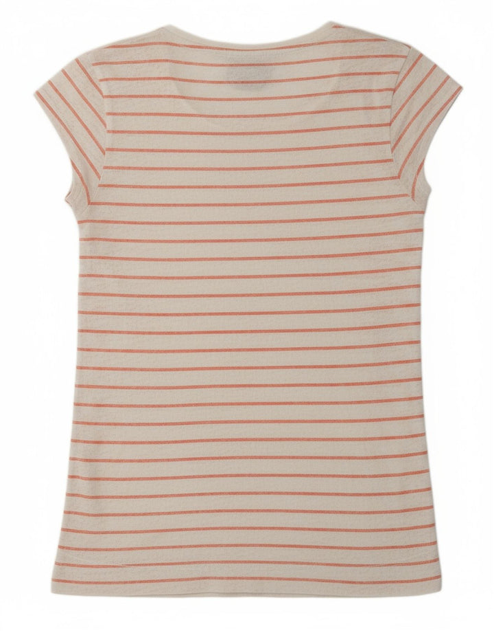 SUPERDRY Womens T-Shirt Top UK 6 XS Off White Striped Polyester