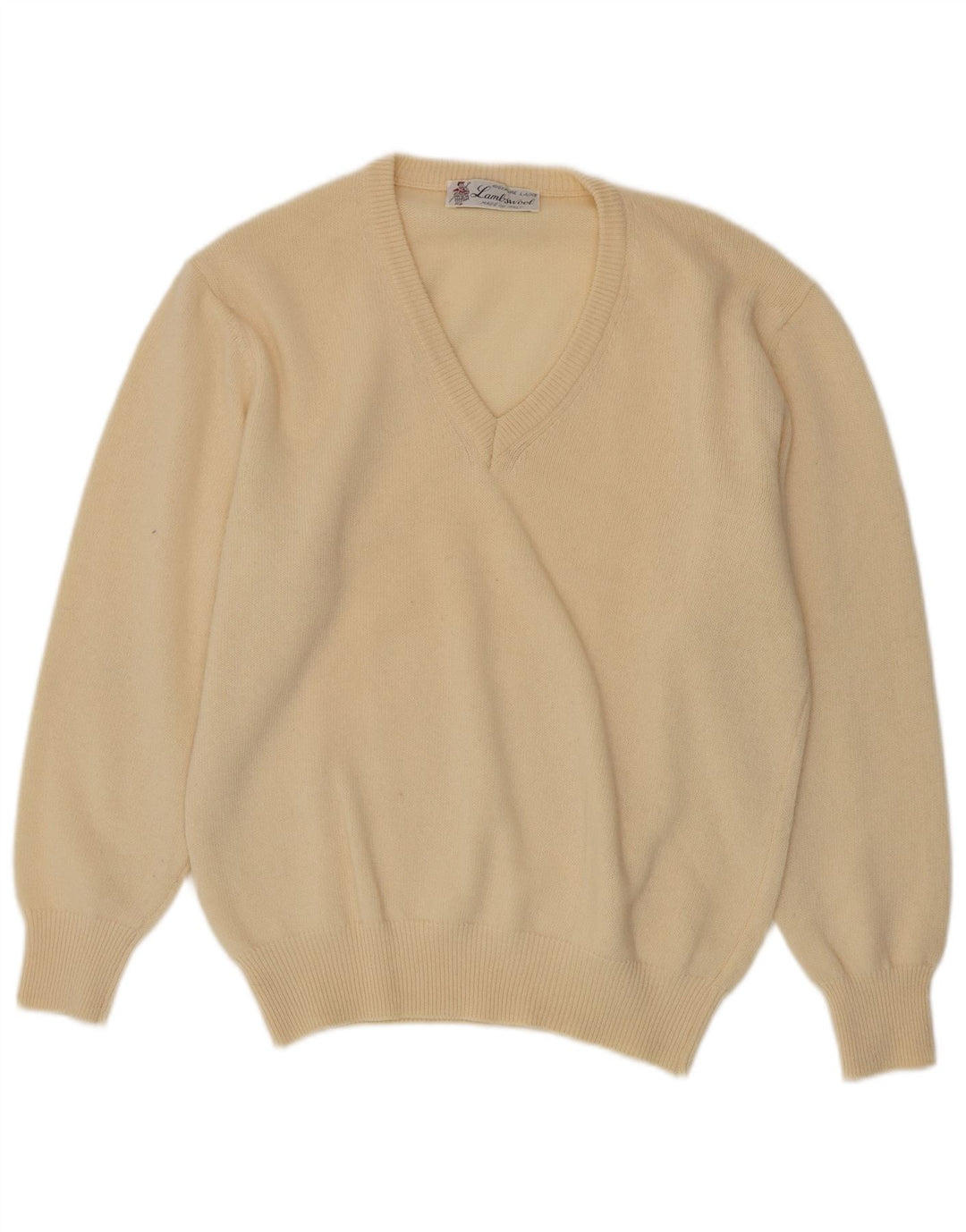 Vintage Herre V-hals sweater Medium Beige Lammeuld