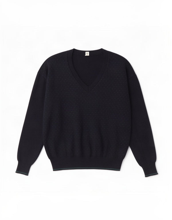 Vintage herre V-hals sweater Medium marineblå plettet polyakryl