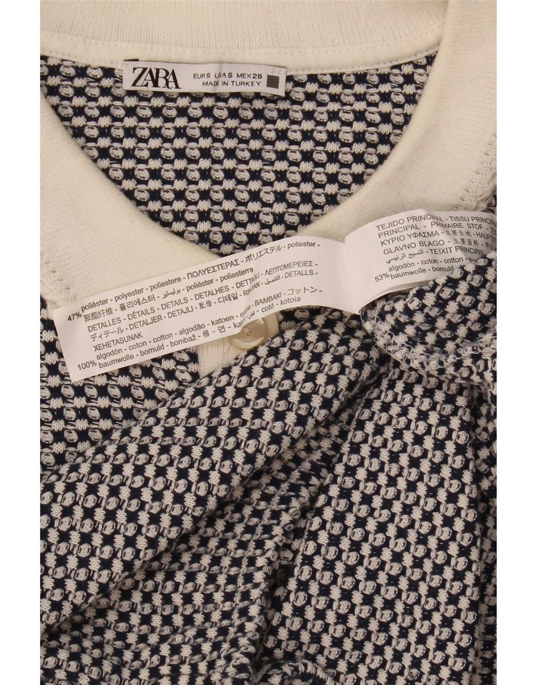 Zara Womens Crop Polo Shirt UK 10 Small Blue Geometric Polyester