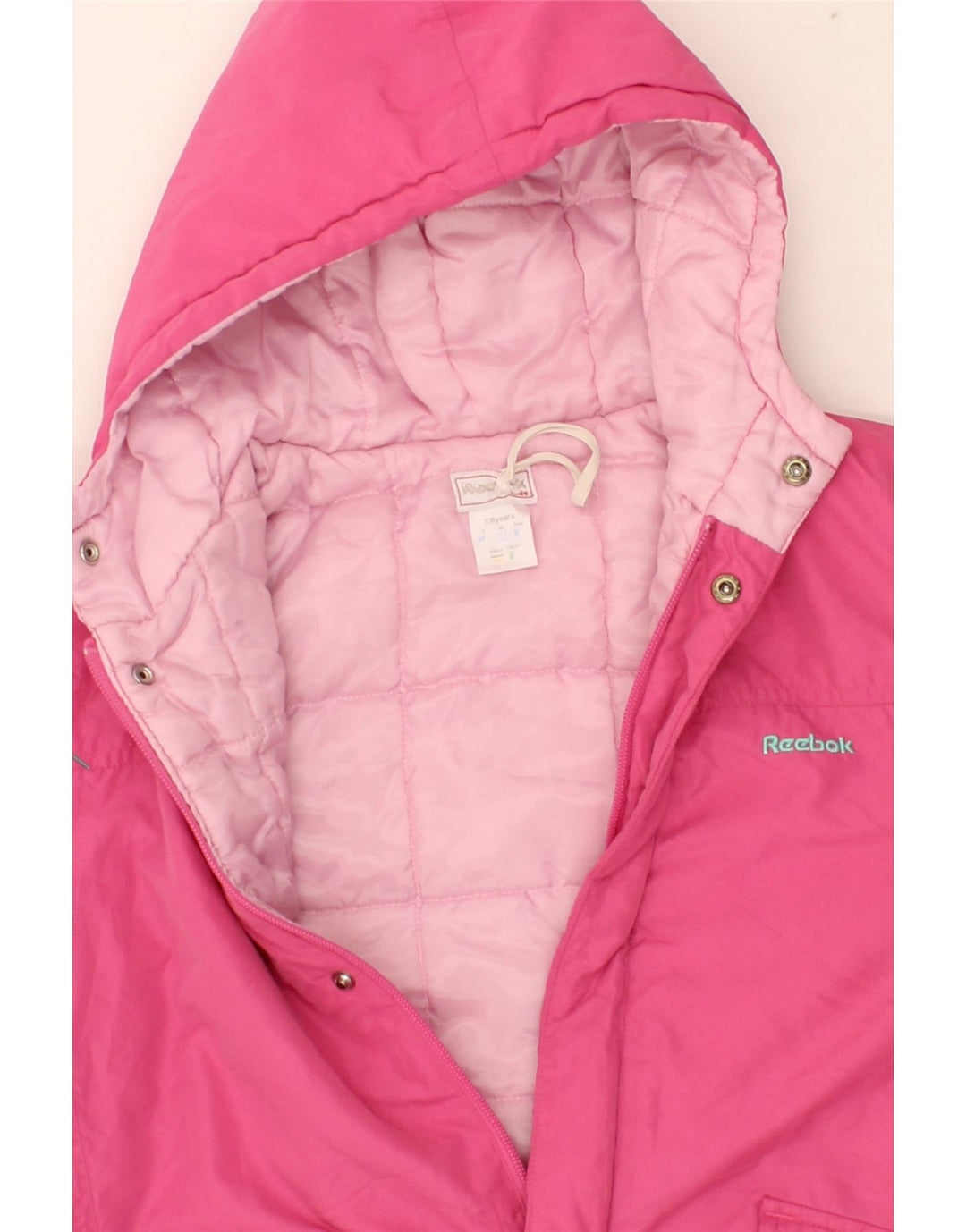 REEBOK Girls Hooded Padded Jacket 7-8 Years Pink Polyester Vintage Reebok and Second-Hand Reebok from Messina Hembry 