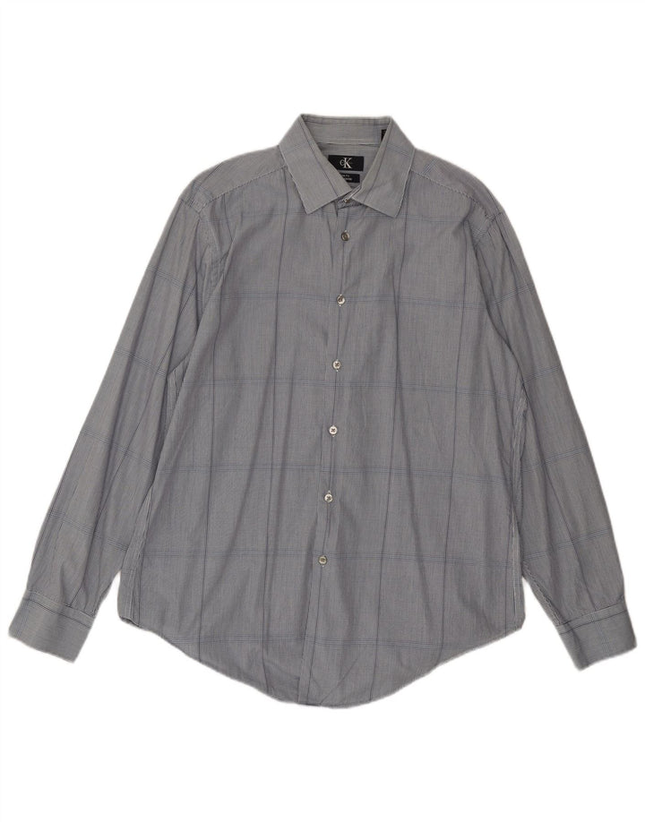 CALVIN KLEIN Herre Slim Fit skjorte str. 16 Large Marineblå ternet bomuld