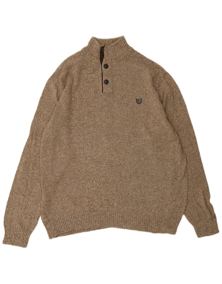 CHAPS Mens Button Neck Jumper Sweater XL Brown Flecked Cotton