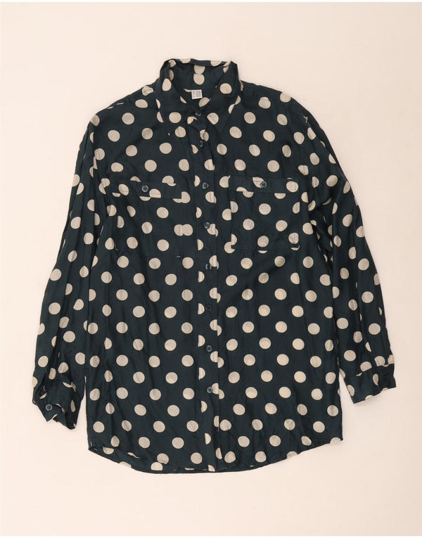 Vintage Dame Longline Relaxed Fit skjorte UK 8/10 Small Navy Blue Polka Dot