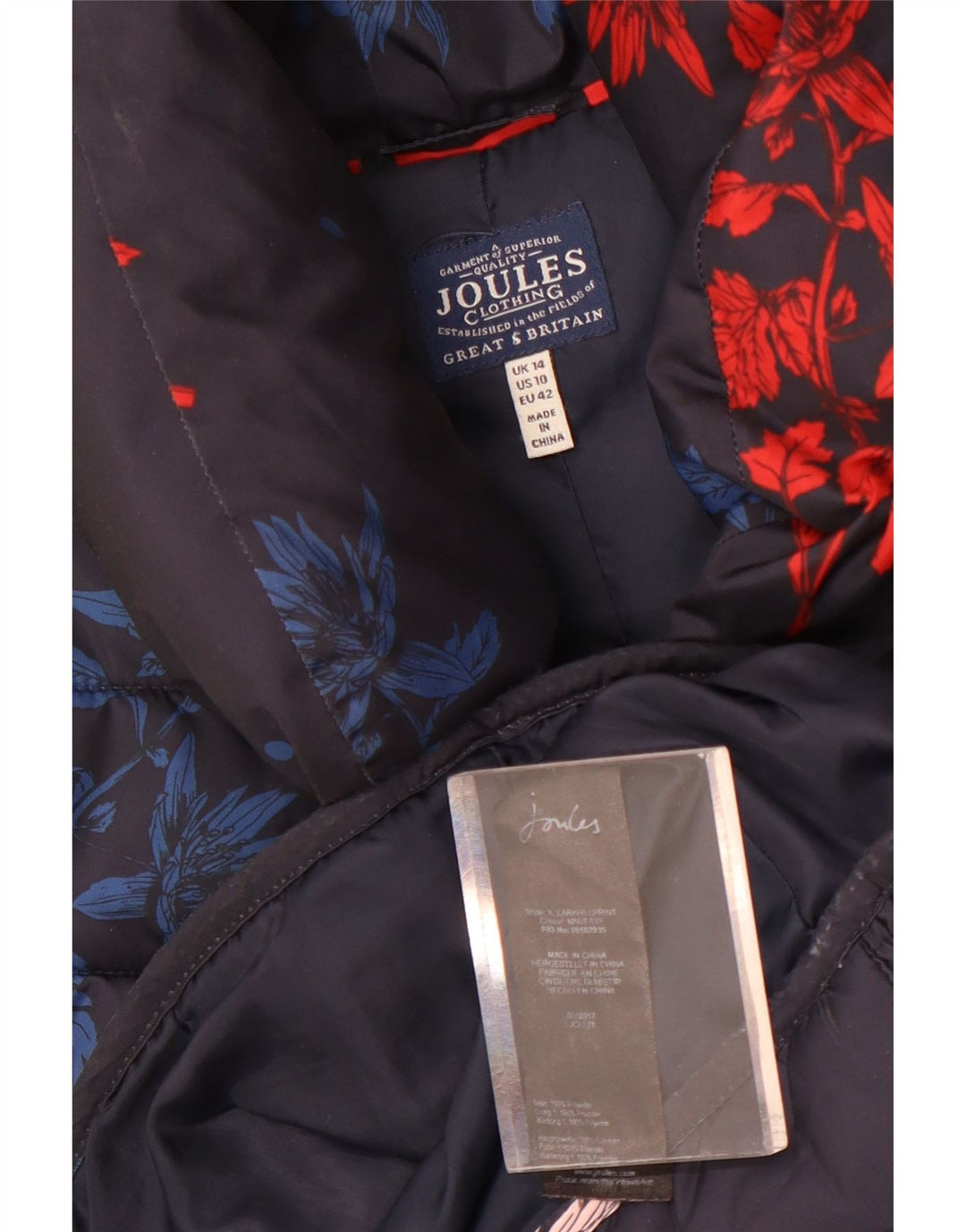 Joules Womens Polstret Gilet UK 14 Large Navy Blue Floral Polyester