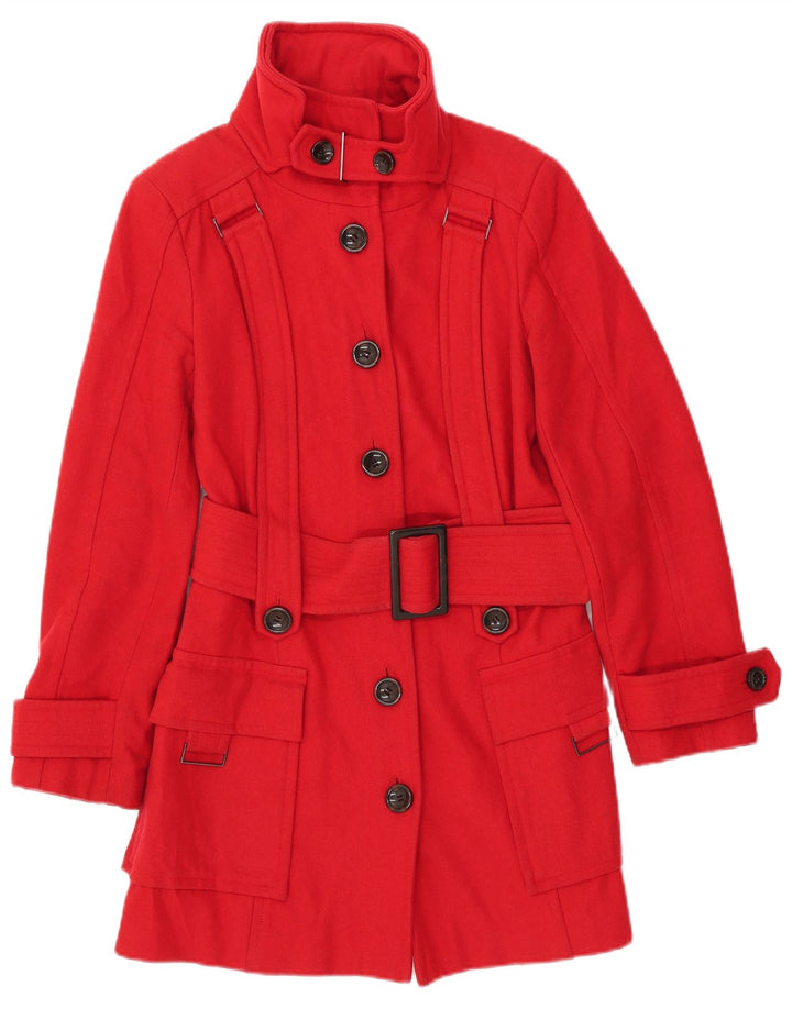 ZARA Dame Overfrakke UK 12 Medium Rød Uld