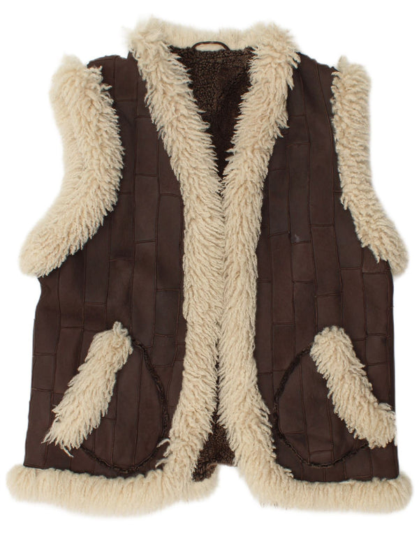 Vintage Dame Sherpa Læder Gilet EU 46 XL Brun