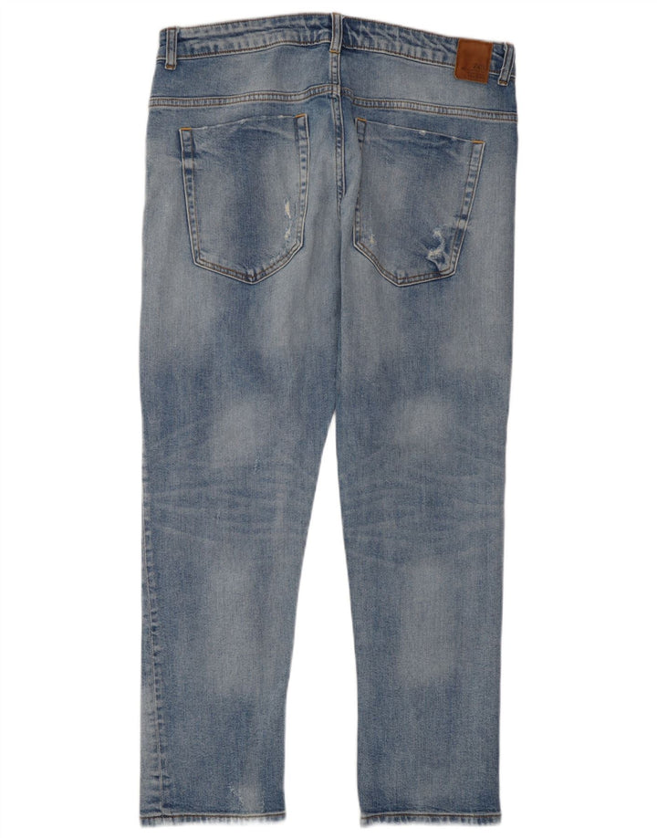 Zara Dame Distressed Straight Jeans EU 42 Large W32 L28 Blå Bomuld