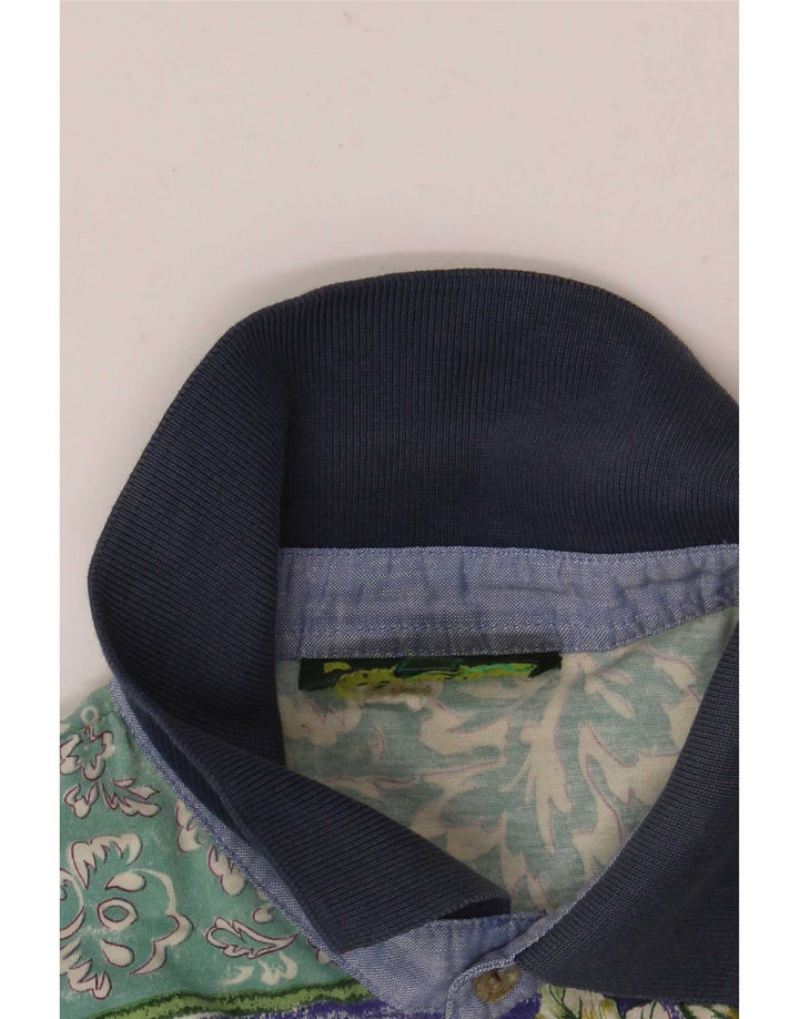 Vintage herre poloshirt mellemgrøn blomstret bomuld