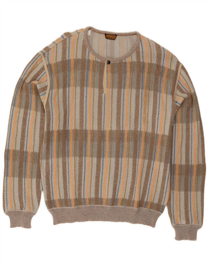 Vintage Herre Button Neck Jumper Sweater IT 54 XL Grå ternet bomuld