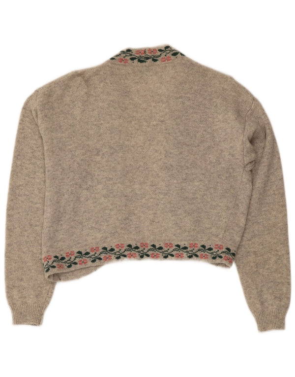 Vintage Womens Crop Open Cardigan Sweater UK 12 Medium Grey Floral Wool