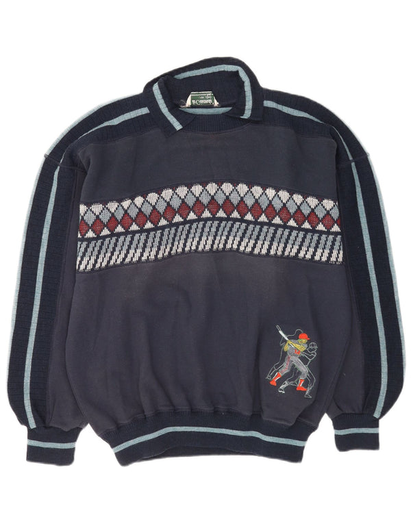 Vintage Mens Polo Neck Sweatshirt Jumper Large Navy Blue Cotton