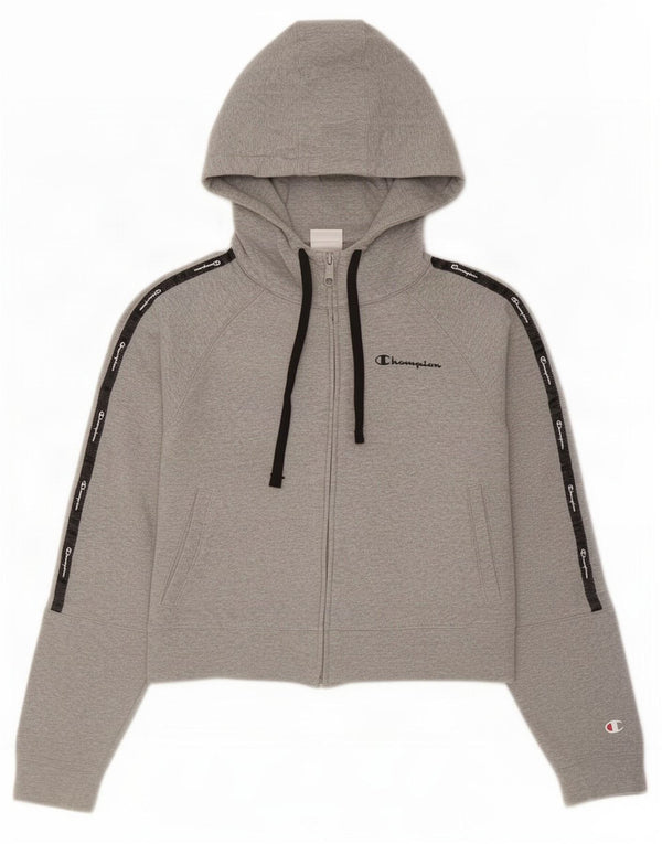 Champion Womens Crop Zip Hoodie Sweater UK 12 Medium Grey Colourblock