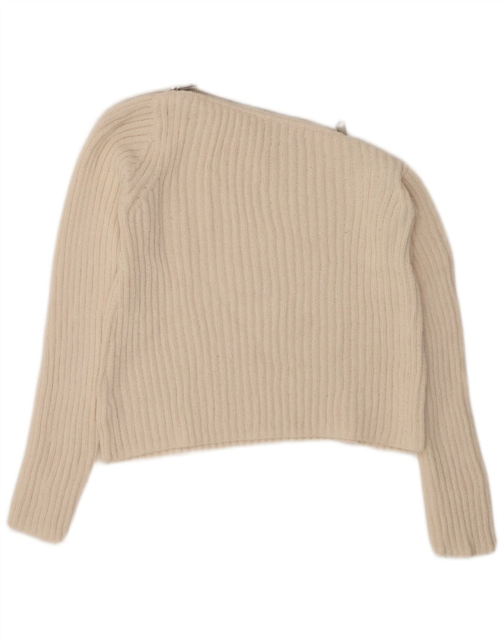 ZARA Womens Crop Boat Neck Jumper Sweater UK 12 Medium Off White Polyester