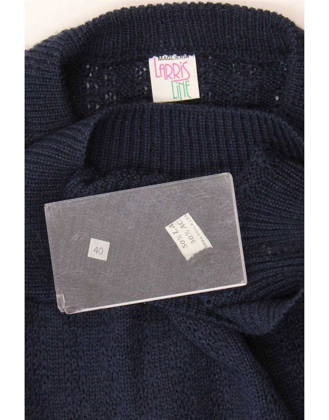 Vintage dame sweater med rund hals EU 40 Medium Navy Blue Colourblock