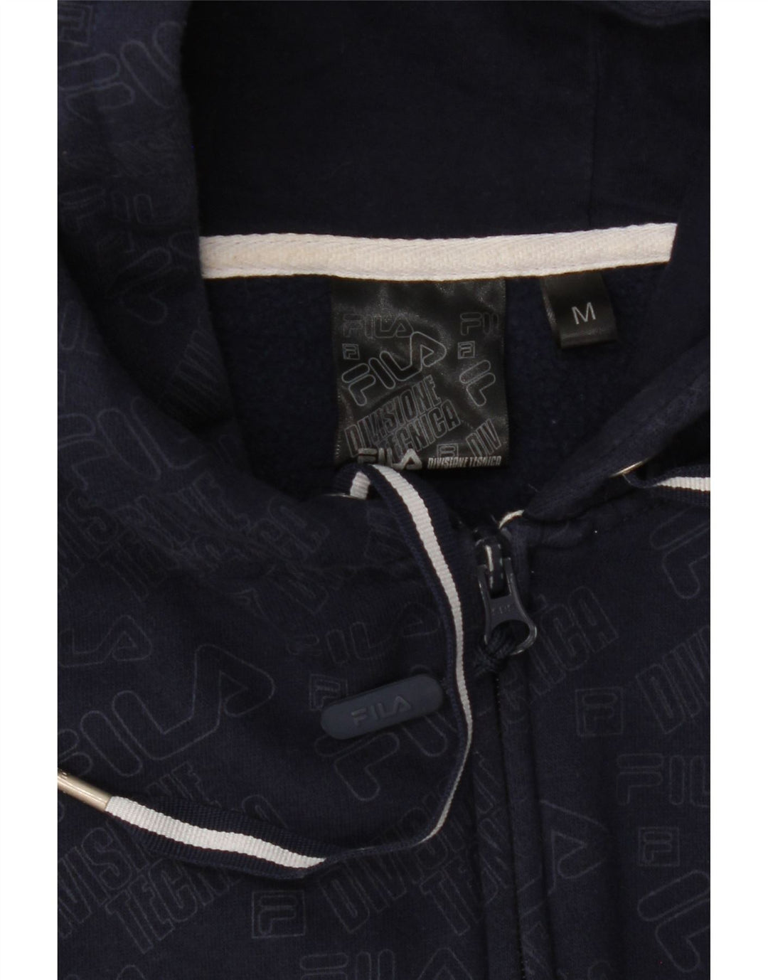 FILA Mens Graphic Zip Hoodie Sweater Medium Navy Blue Cotton Vintage Fila and Second-Hand Fila from Messina Hembry 