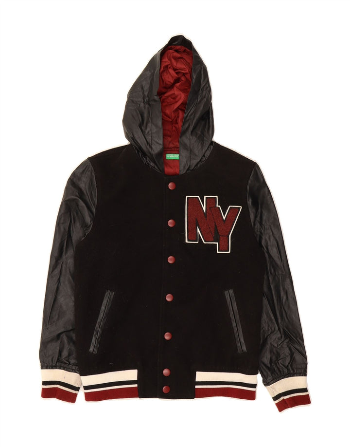 BENETTON Boys Graphic Varsity Jacket 10-11 Years XL Black Colourblock Vintage Benetton and Second-Hand Benetton from Messina Hembry 