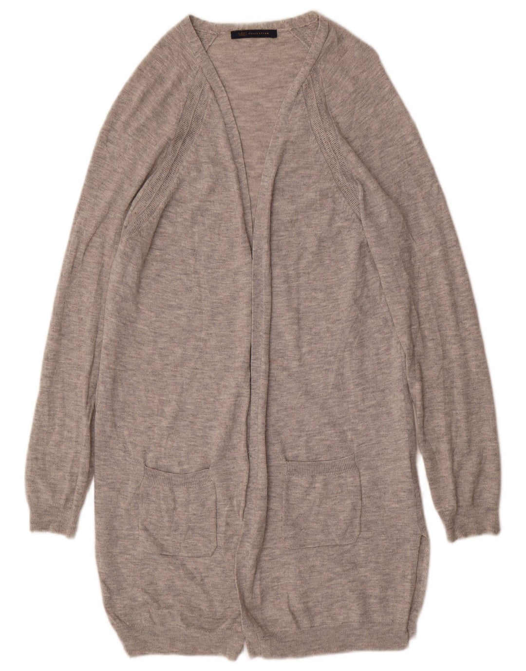 Marks & Spencer Dame Longline Open Cardigan Sweater UK 10 Small Grey Wool