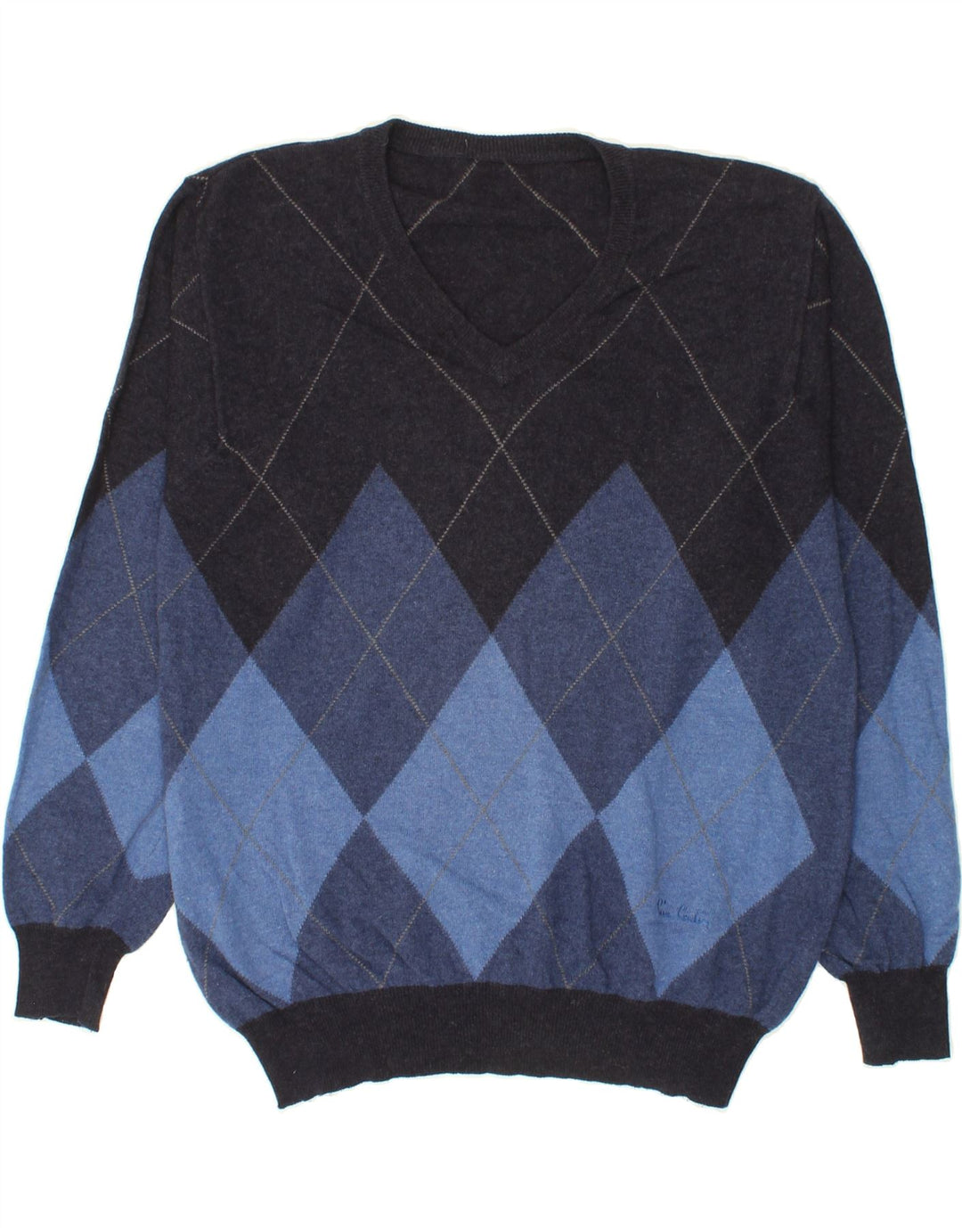 VINTAGE Herre V-hals sweater IT 52 Large Navy Blue Argyle/Diamond