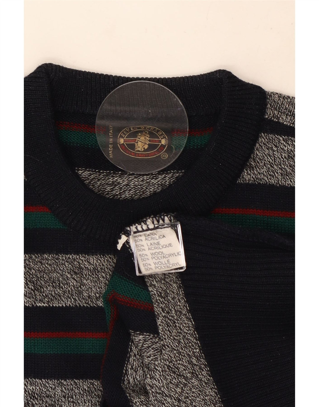 Vintage herre sweater med rund hals XL grå stribet uld