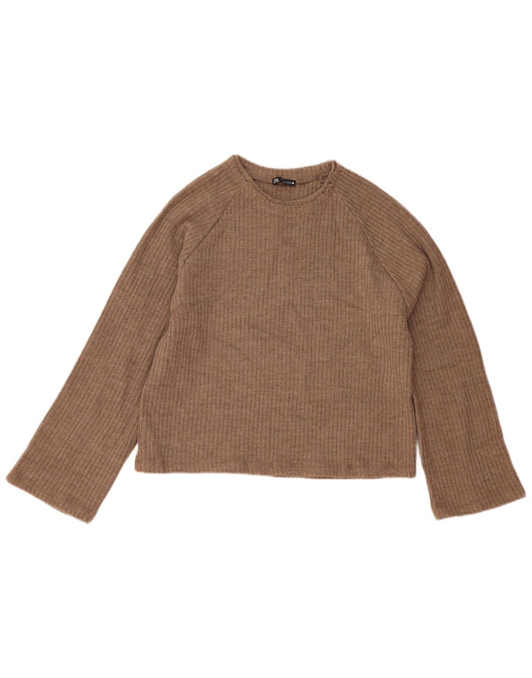 Zara Womens Crop Oversized Boat Neck Jumper Sweater UK 10 Small Brown
