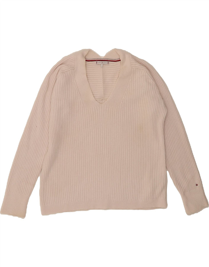 TOMMY HILFIGER Womens Oversized V-Neck Jumper Sweater UK 10 Small White Vintage Tommy Hilfiger and Second-Hand Tommy Hilfiger from Messina Hembry 
