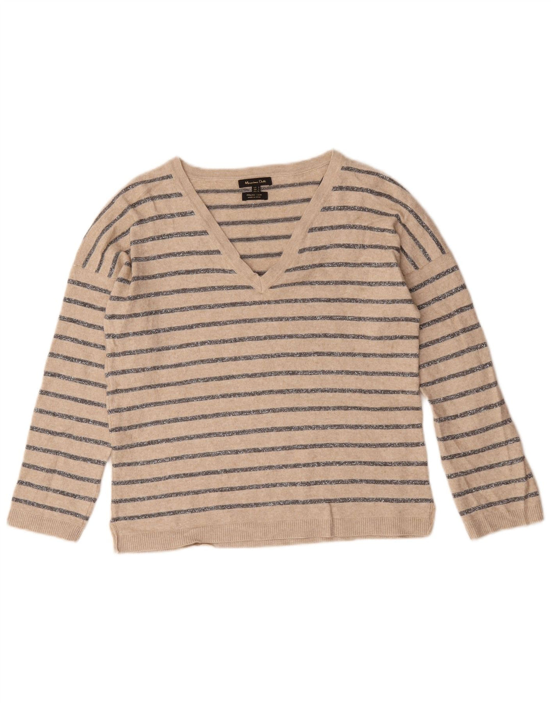 Massimo Dutti Dame V-hals Jumper Sweater UK 10 Lille Beige Stribet