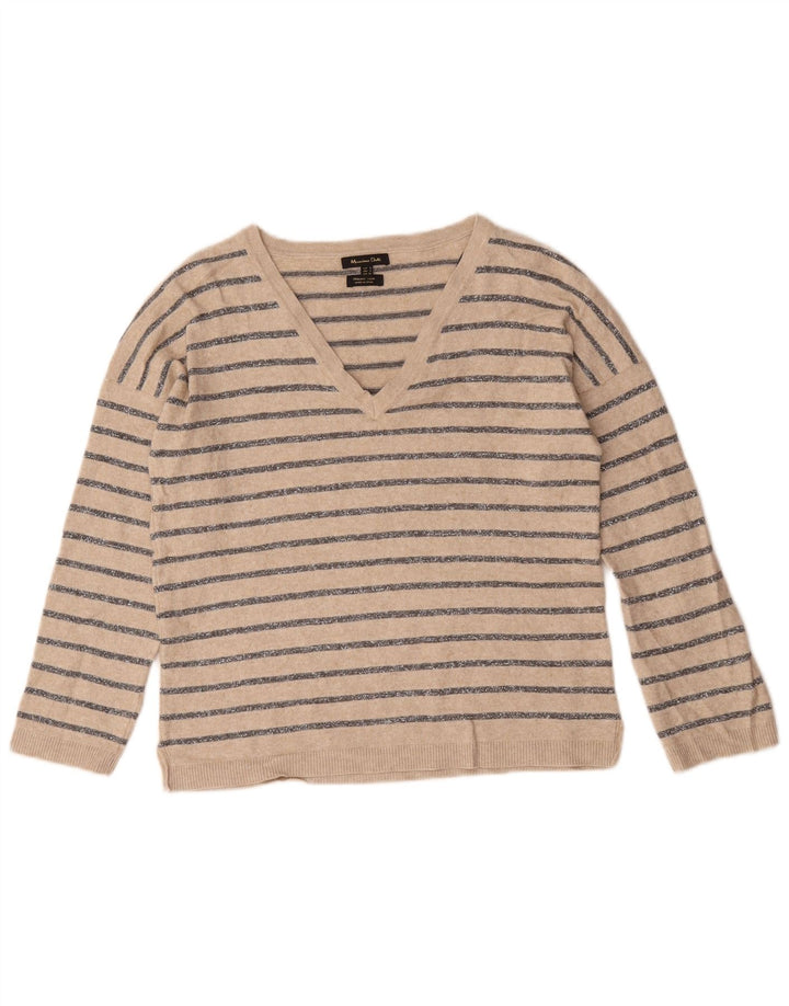 Massimo Dutti Dame V-hals Jumper Sweater UK 10 Lille Beige Stribet