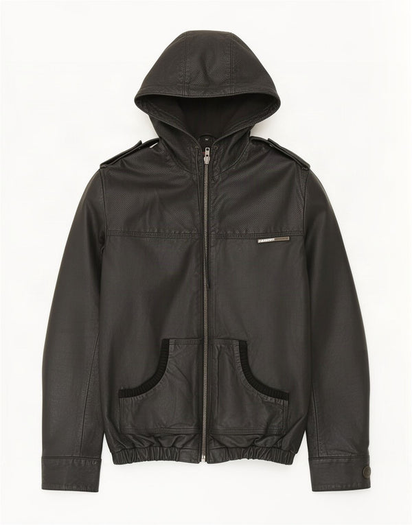 Superdry Mens Military Hooded Leather Jacket UK 38 Medium Black