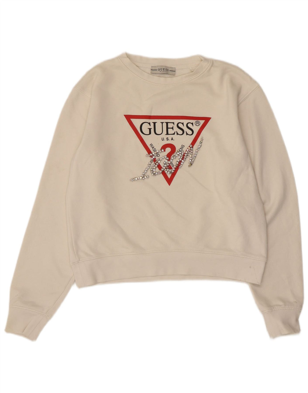 Guess Womens Crop Graphic Sweatshirt Jumper UK 10 Small Off White Polyamid