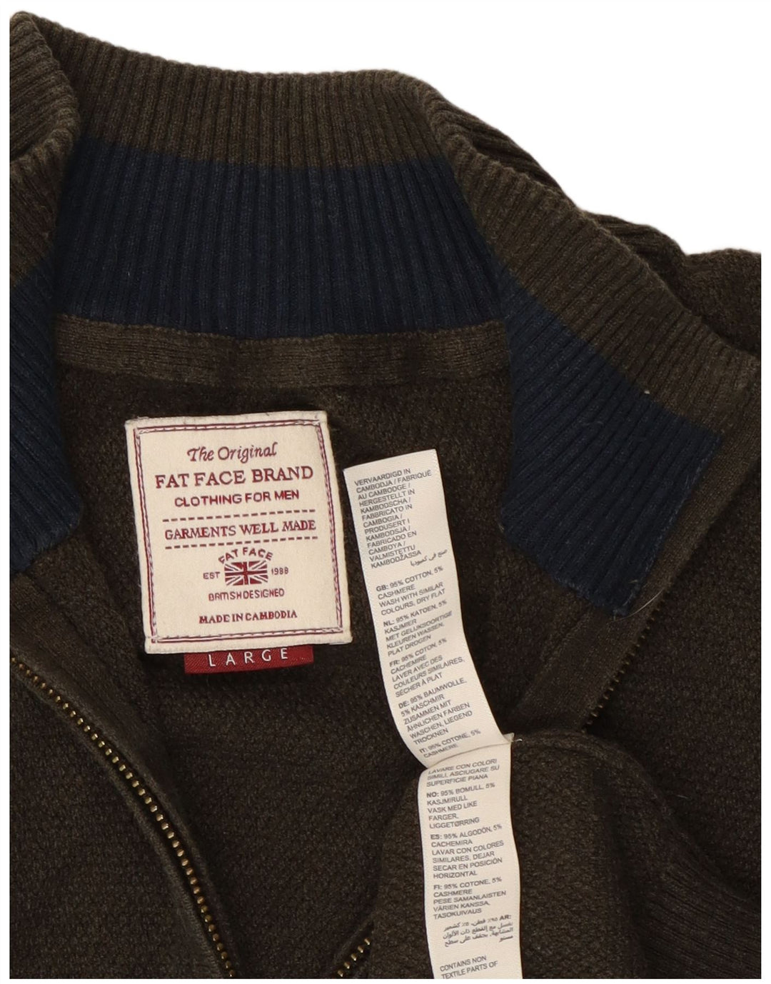 Fat Face Herre Zip Neck Jumper Sweater Stor Khaki Bomuld