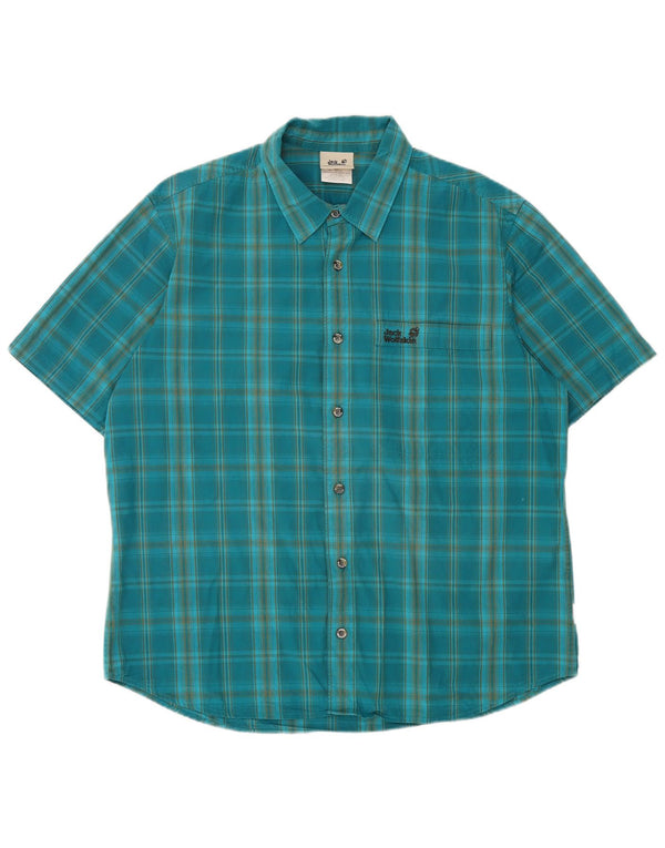 Jack Wolfskin Mens Short Sleeve Shirt UK 40/42 Large Blue Check Cotton