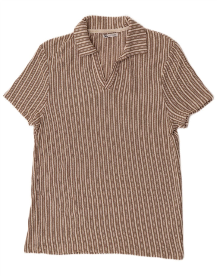 Zara herre poloskjorte stor beige stribet bomuld