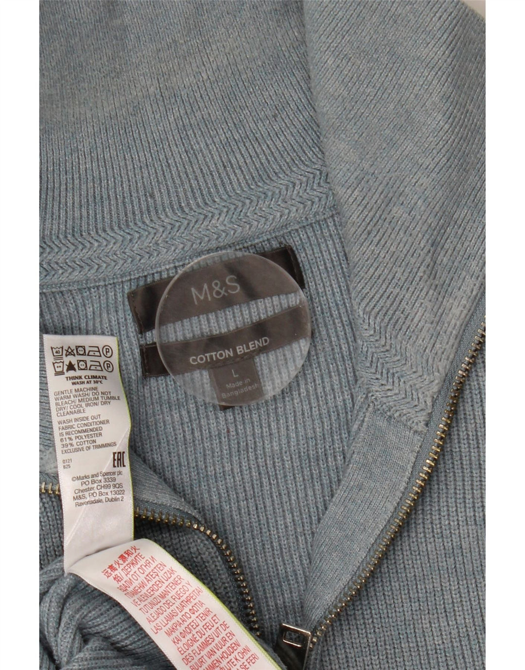 Marks & Spencer Herre Zip Neck Jumper Sweater Large Blue Polyester