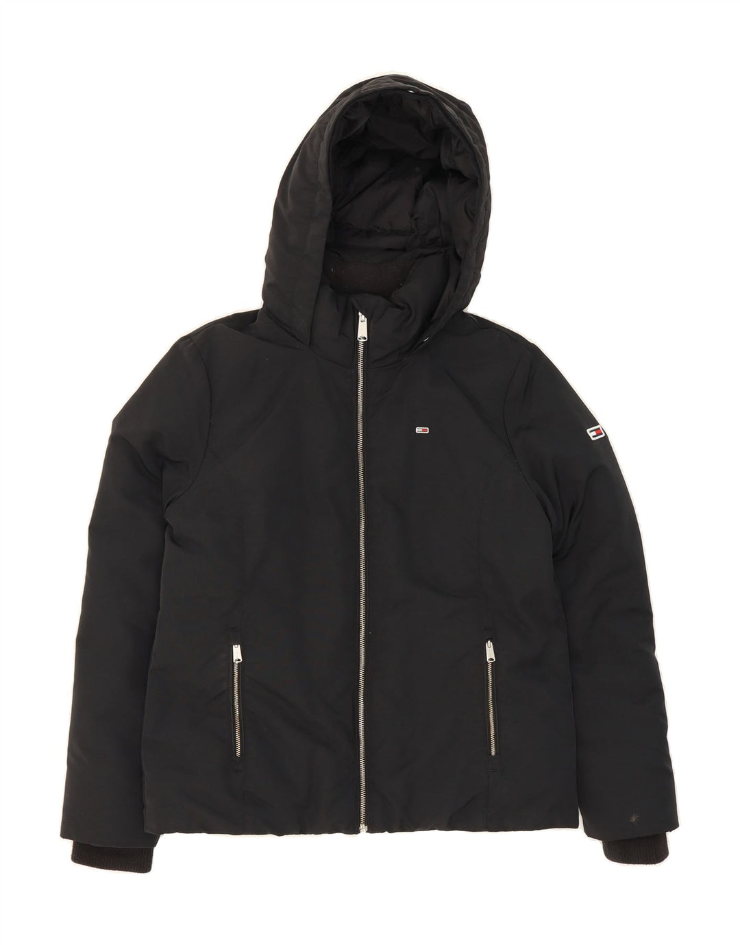 TOMMY HILFIGER Womens Hooded Padded Jacket UK 14 Medium Black Polyester Vintage Tommy Hilfiger and Second-Hand Tommy Hilfiger from Messina Hembry 