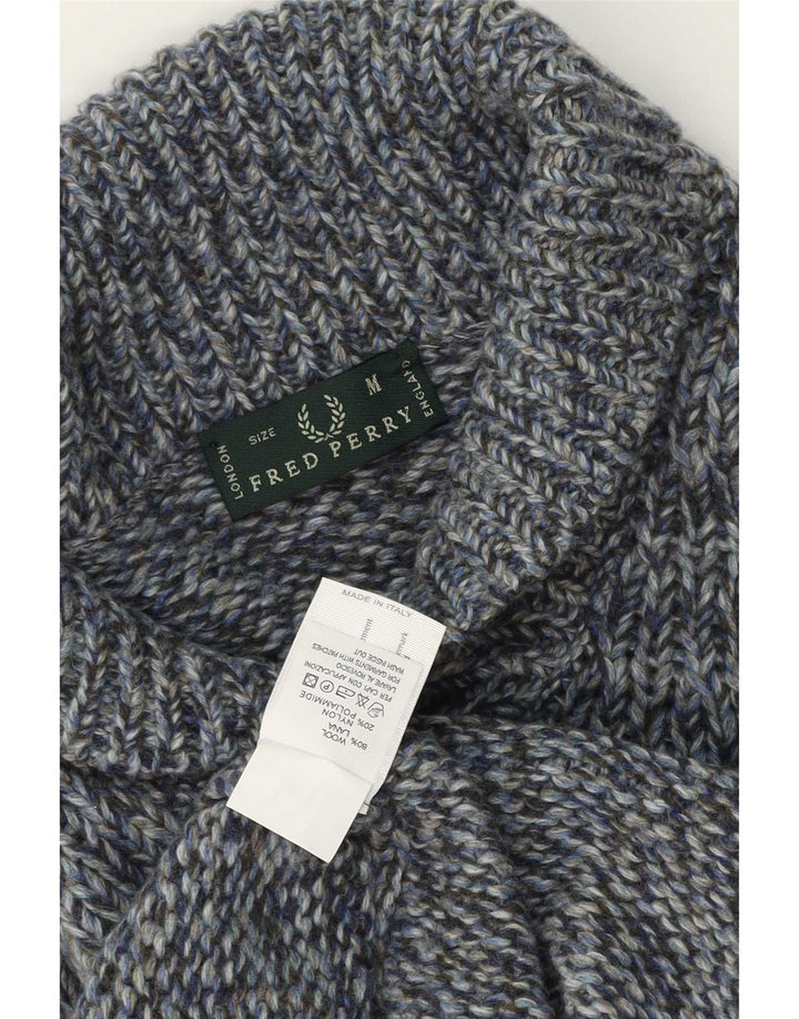 Fred Perry Herre Shawl Neck Jumper Sweater Medium Blue Flecked Wool