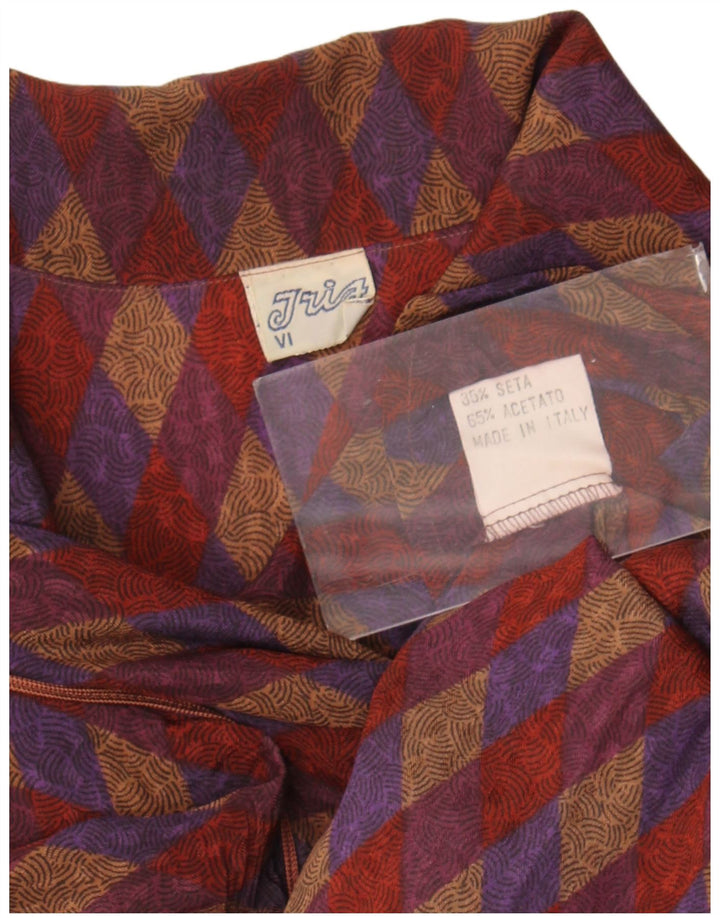 Vintage Dame Front Tie Shirt Bluse UK 16 Large Red Geometric Silk