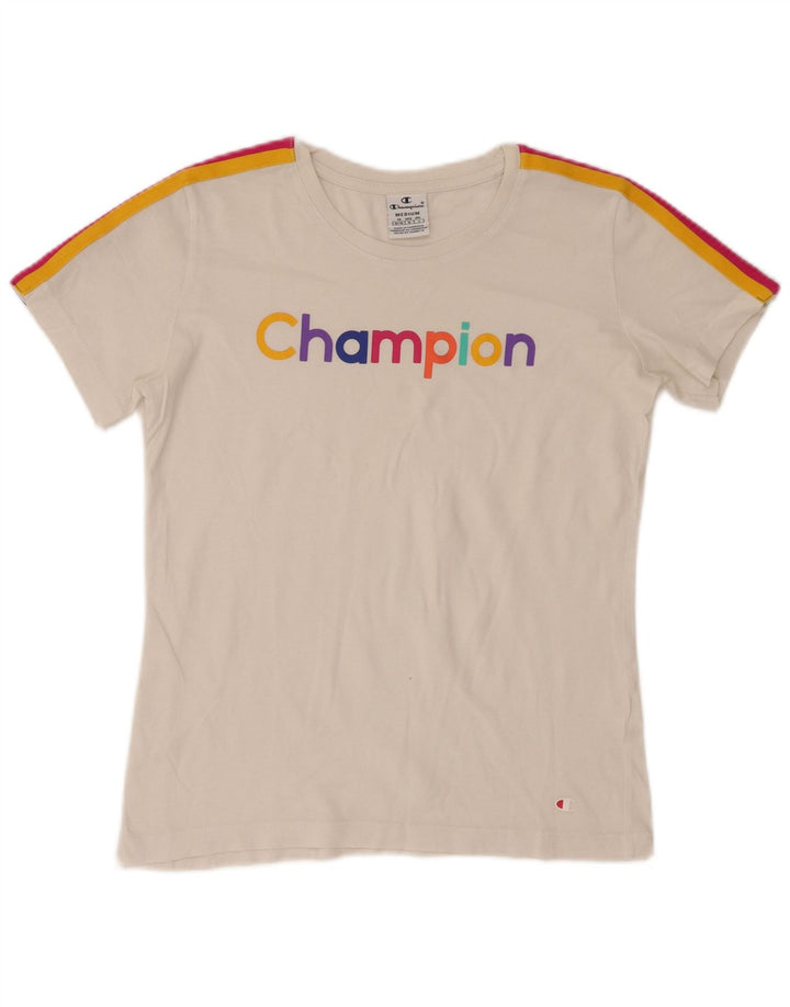Champion Dame Grafisk T-Shirt Top UK 12 Medium White Colourblock