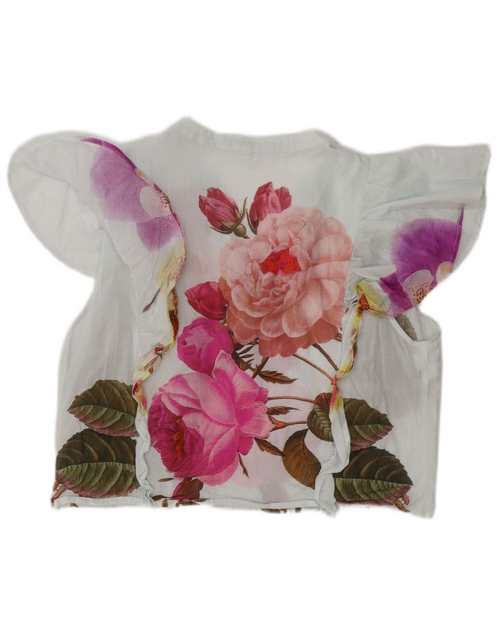 DESIGUAL Womens Crop Flæse Front Bluse Top UK 18 XL Hvid Blomsterbomuld