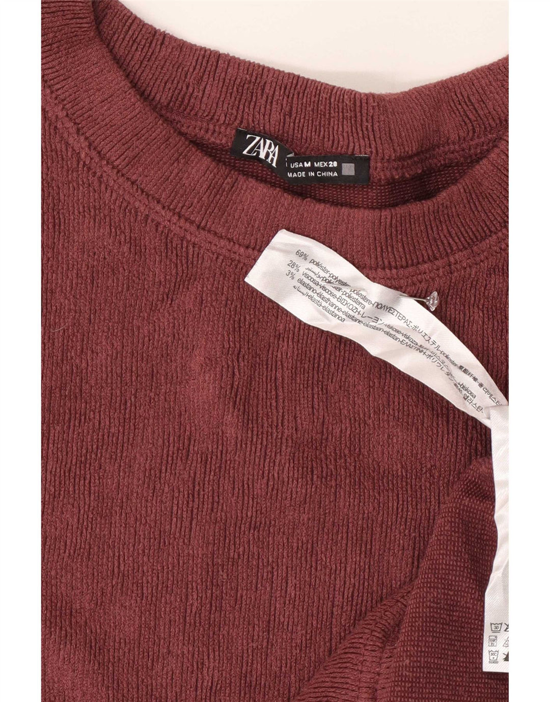 Zara Dame Velour Top Langærmet UK 14 Medium Burgundy Polyester