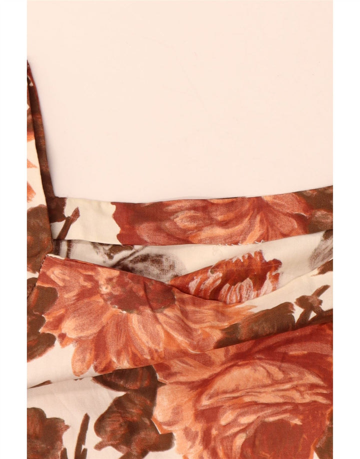 VINTAGE Dame A-Line Kjole UK 12 Medium Brown Floral