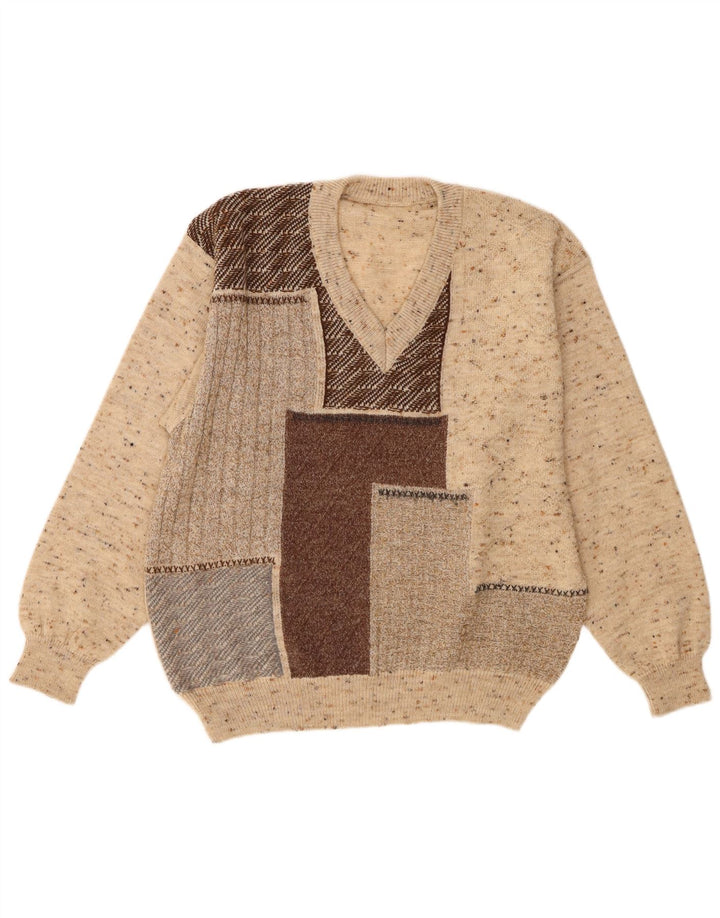 Vintage Herre V-hals sweater IT 48 Medium Beige Colourblock Uld