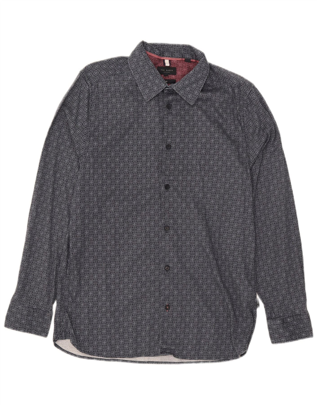 Ted Baker Herre Slim Fit Skjorte Størrelse 4 Large Marineblå Geometrisk Bomuld