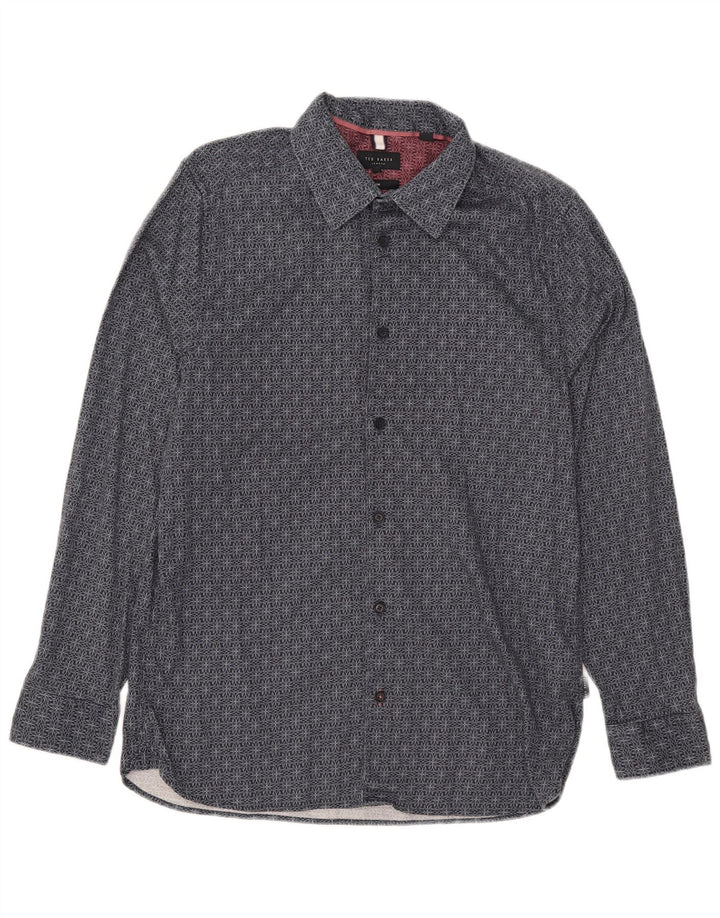 Ted Baker Herre Slim Fit Skjorte Størrelse 4 Large Marineblå Geometrisk Bomuld