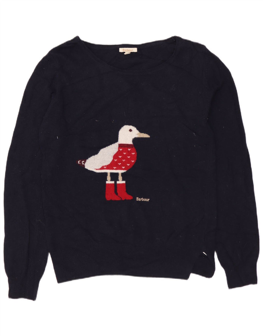 BARBOUR Dame Grafisk Boat Neck Jumper Sweater UK 10 Small Navy Blue Wool