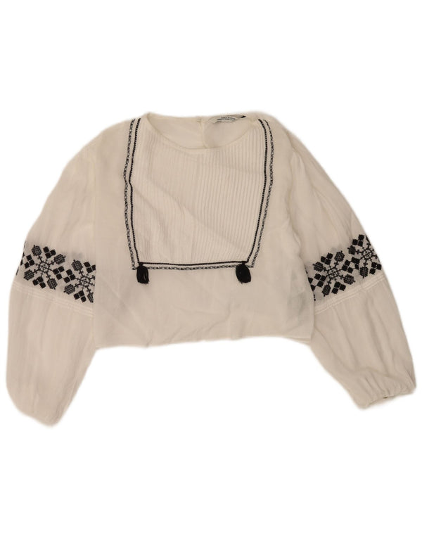 Zara Womens Crop Bluse Top UK 10 Small White Floral Viscose